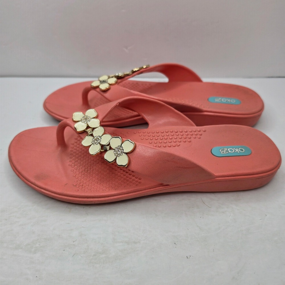 Oka-B Flip Flop Sandals Womens ML Coral Pink Floral Rhinestone Waterproof USA
